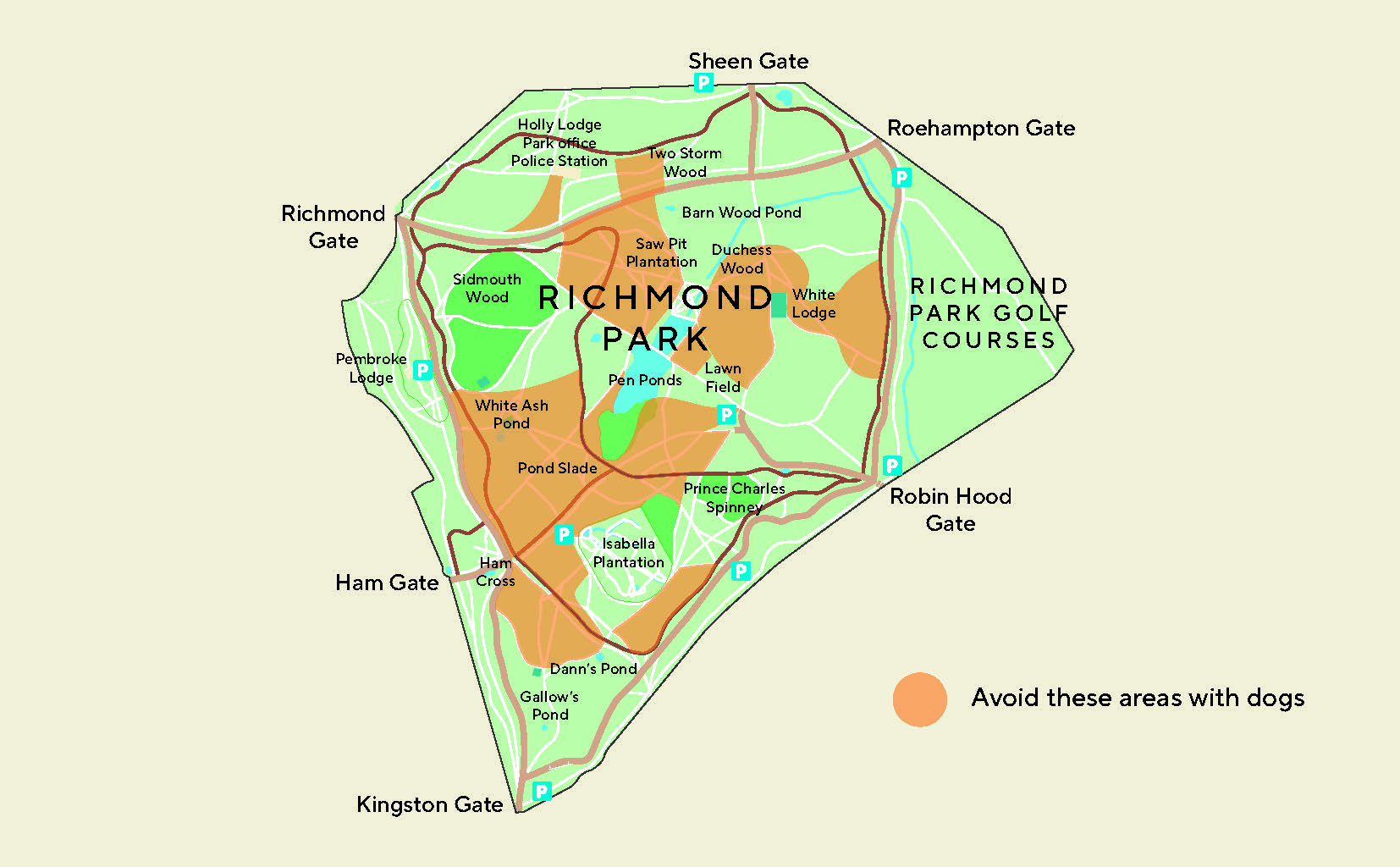 Map of areas to avoid in Richmond Park with a dog during the deer birthing season