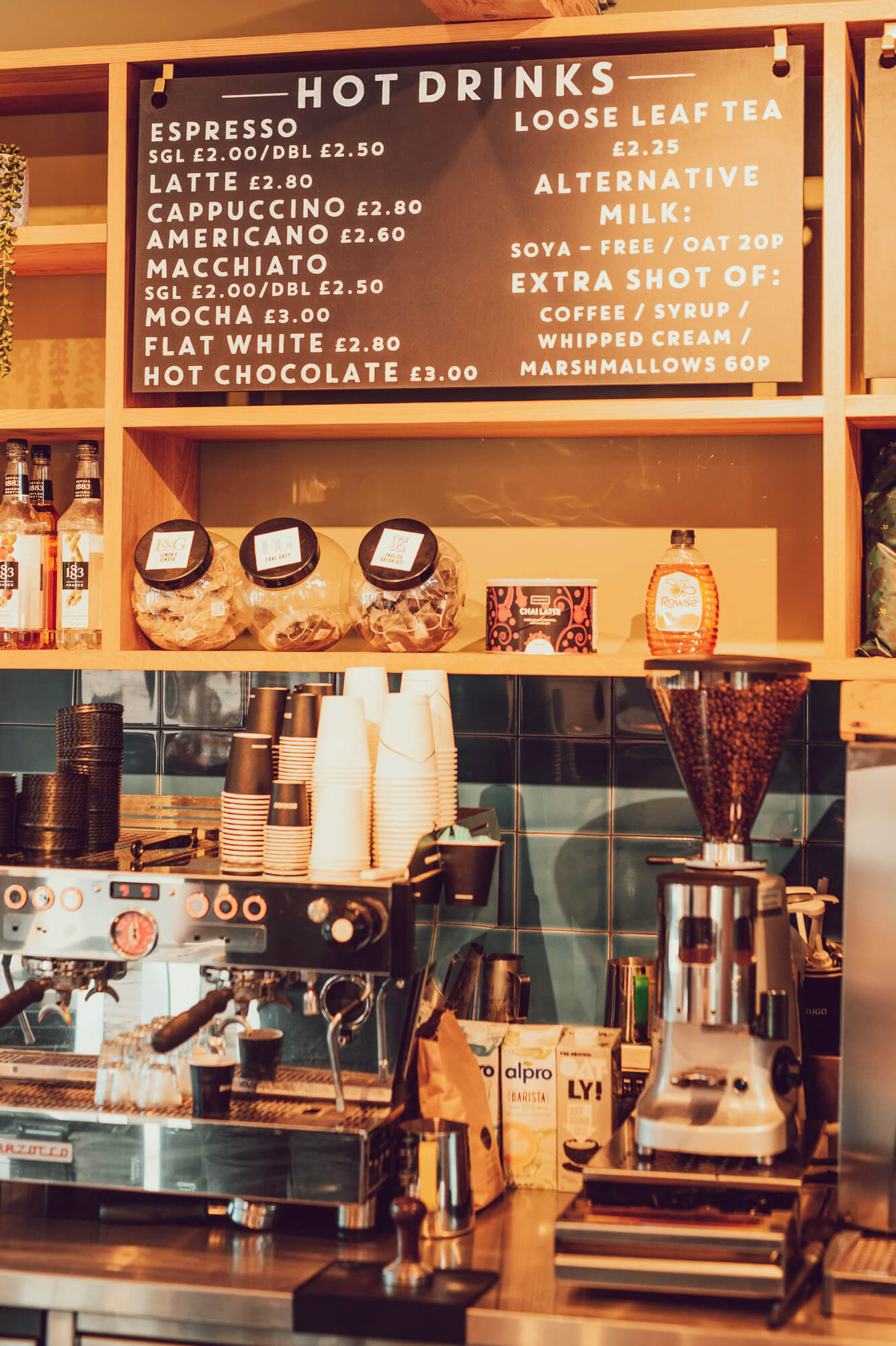 Coffee machine and hot drinks menu at the Primrose Hill Café