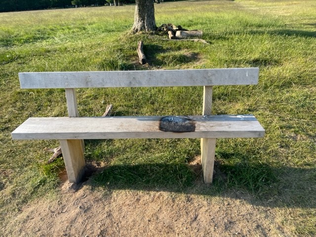 Park bench burnt by a portable barbecue