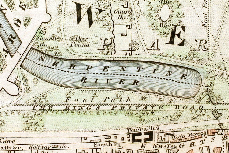 Extract from a Map of Hyde Park from 1833 which shows Rotten Row as 'The King's Private Road'