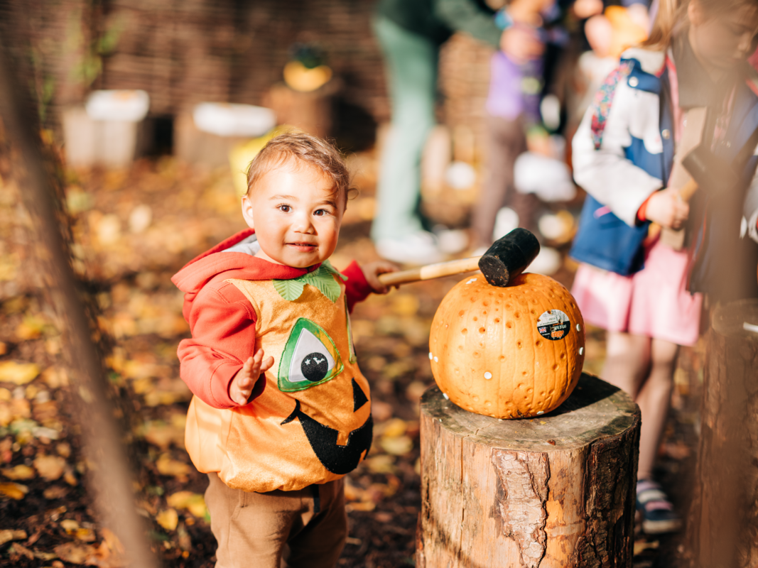 A child wearing a pumpkin Halloween costume