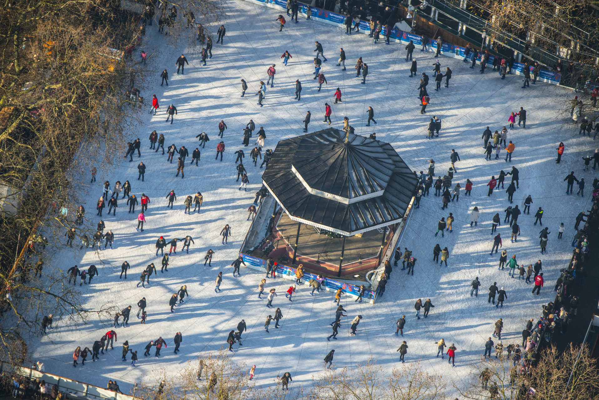 Aerial photo of skaters at Hyde Park Winter Wonderland
