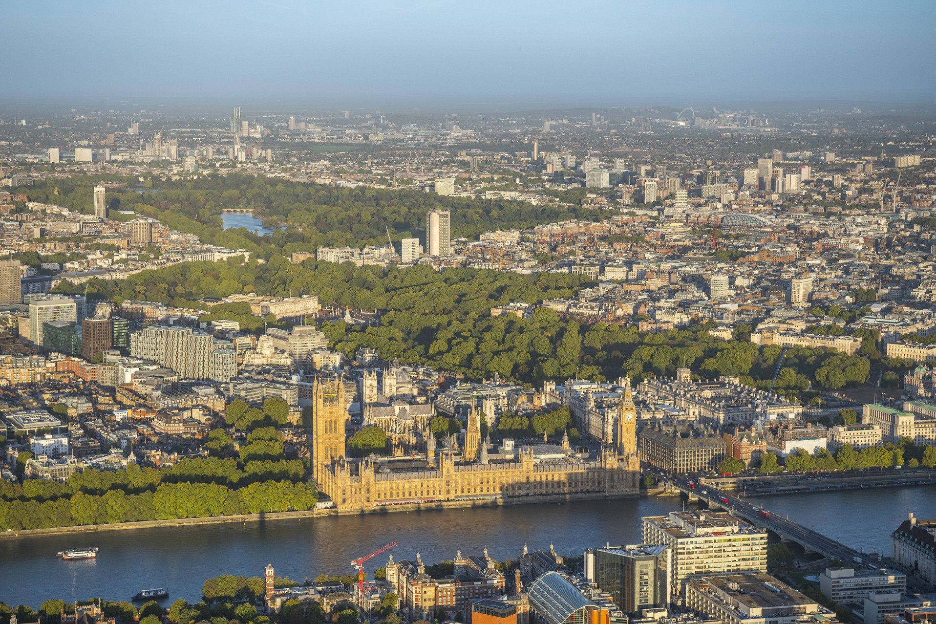 Aerial photo of several Royal Parks, from above the Thames