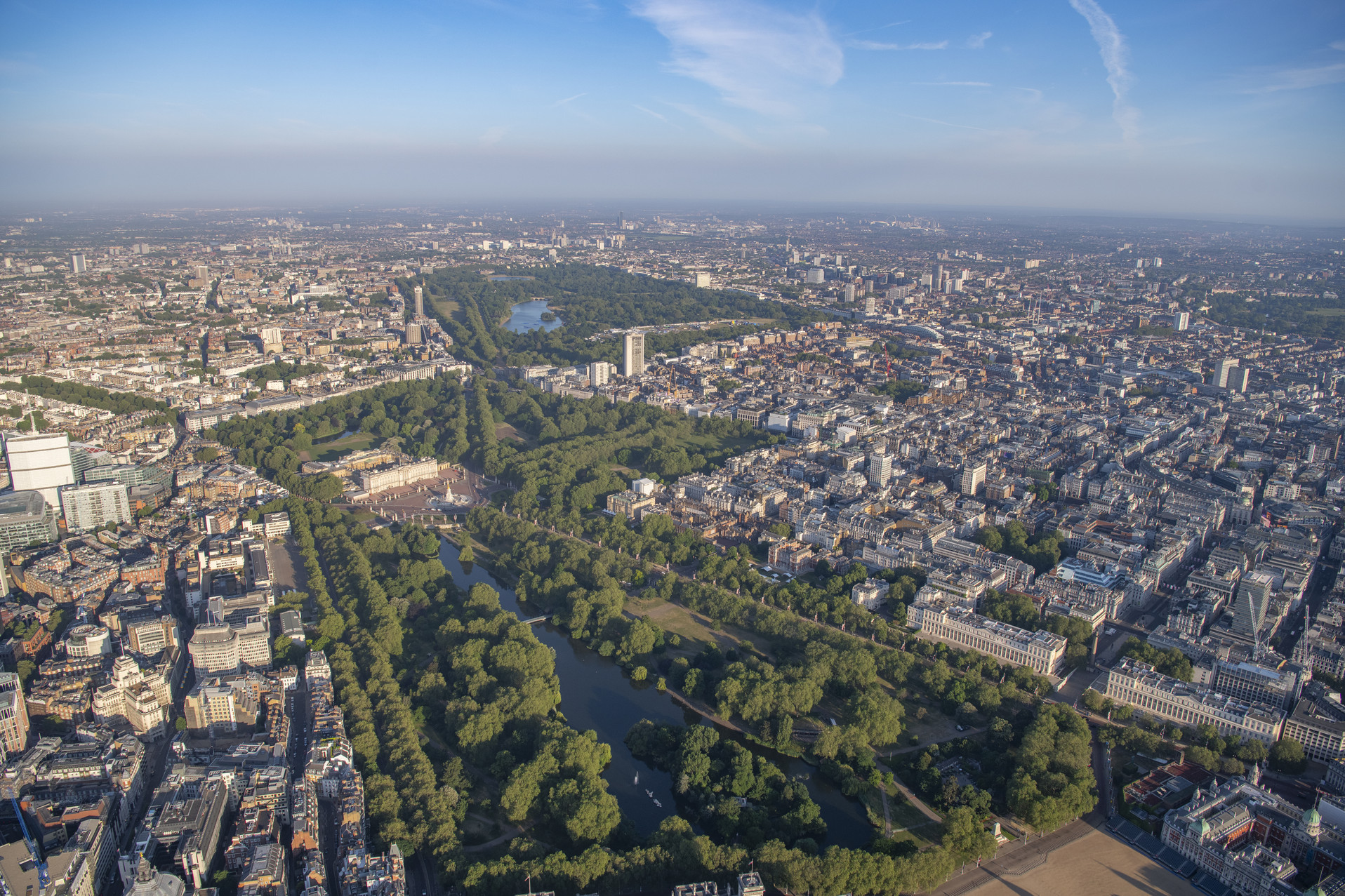 Aerial photo of St. James's Park, The Green Park and Hyde Park