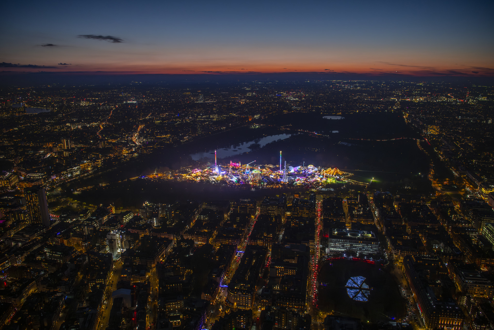 Aerial photo of Hyde Park Winter Wonderland at twilight