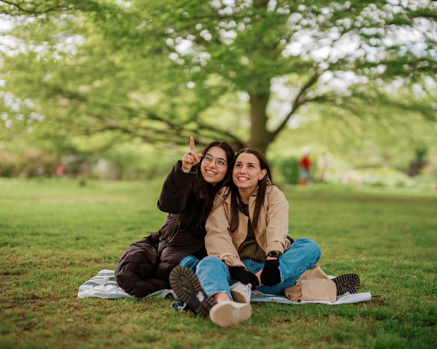Two women sitting under the trees, looking up