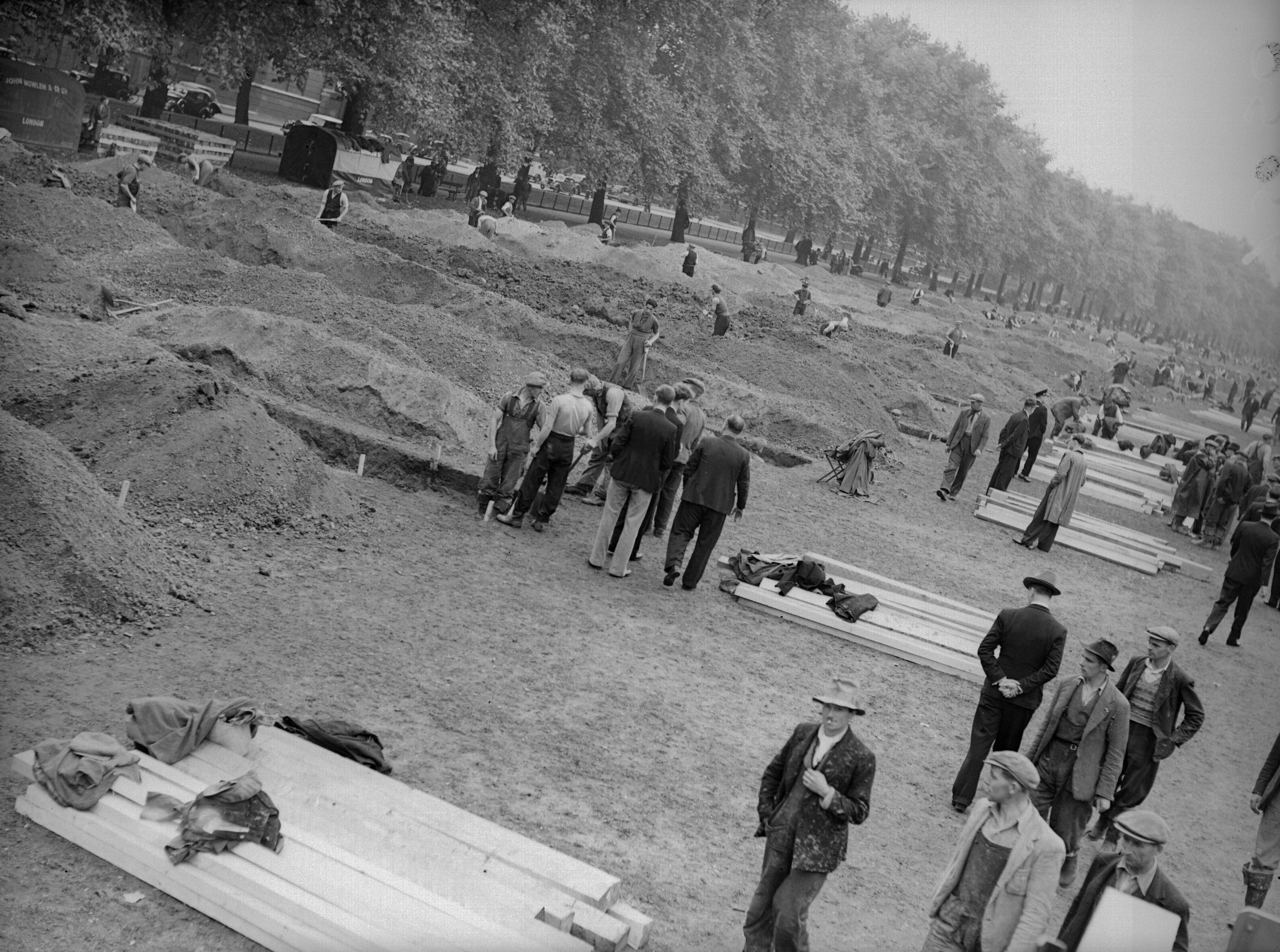 Open space opposite the Wellington Barracks in Hyde Park, London, being transformed to accommodate air raid shelters, 1938