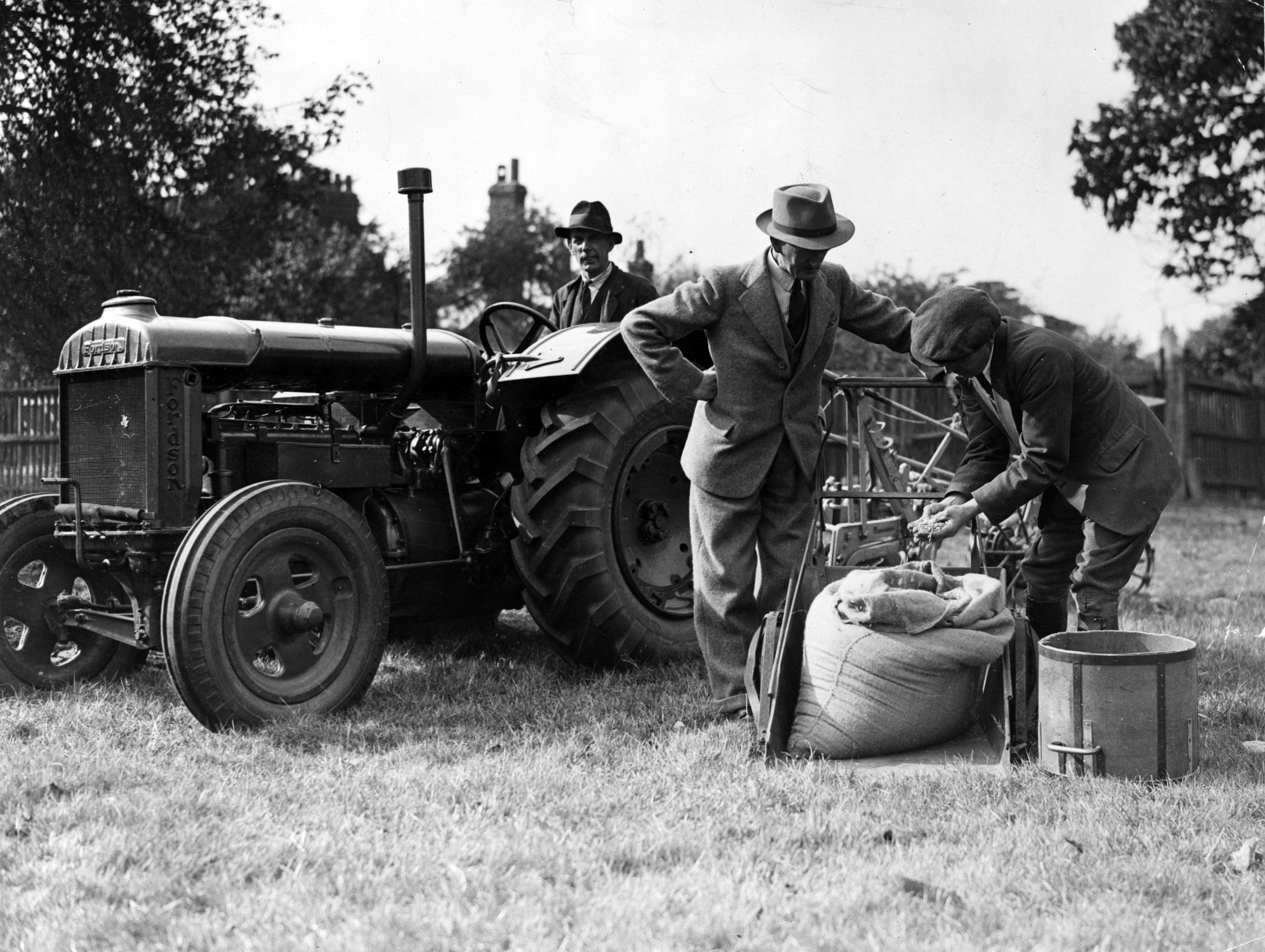 Mr W J Hepburn (centre) Park Superintendent at Bushy Park inspects seed oats – crops were grown in the park to support the war effort 