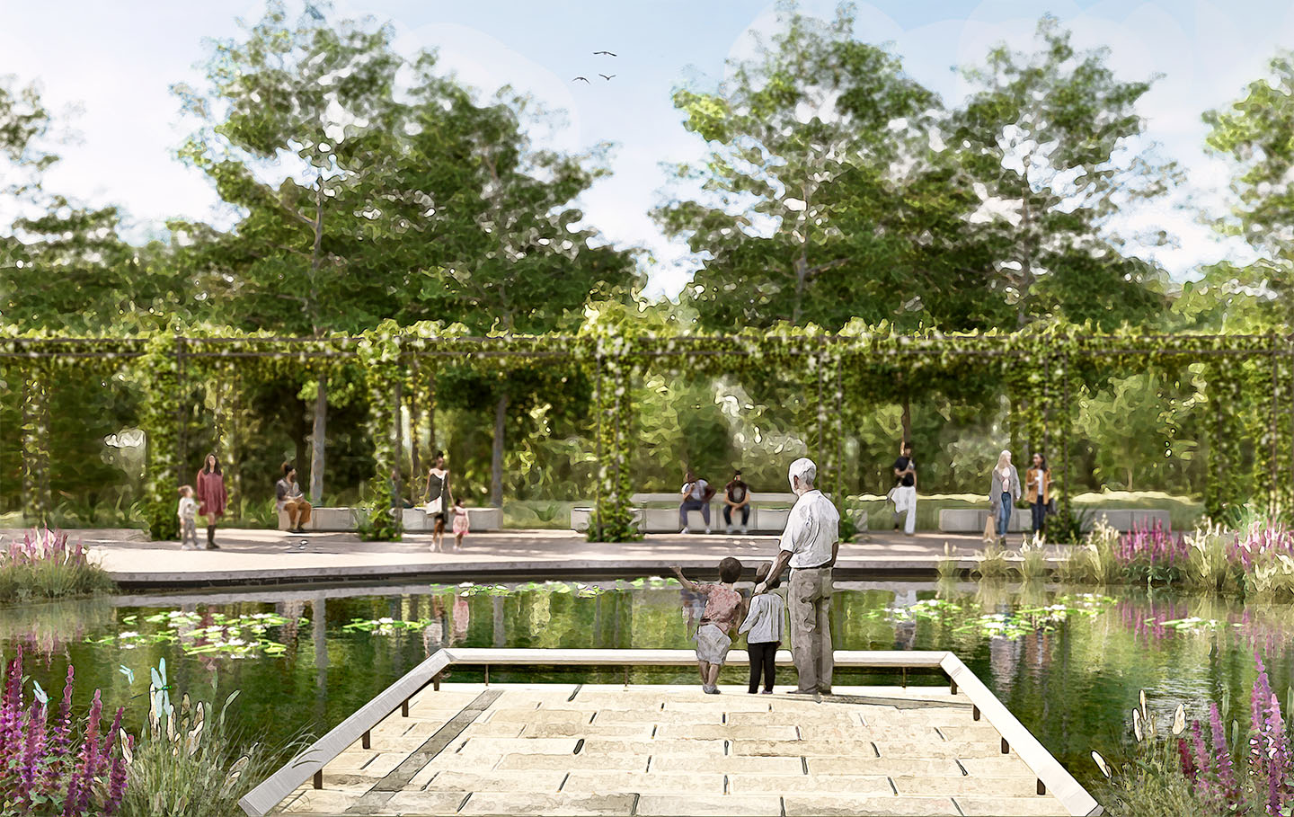 Concept art of a man and two children standing on a pond jetty.
