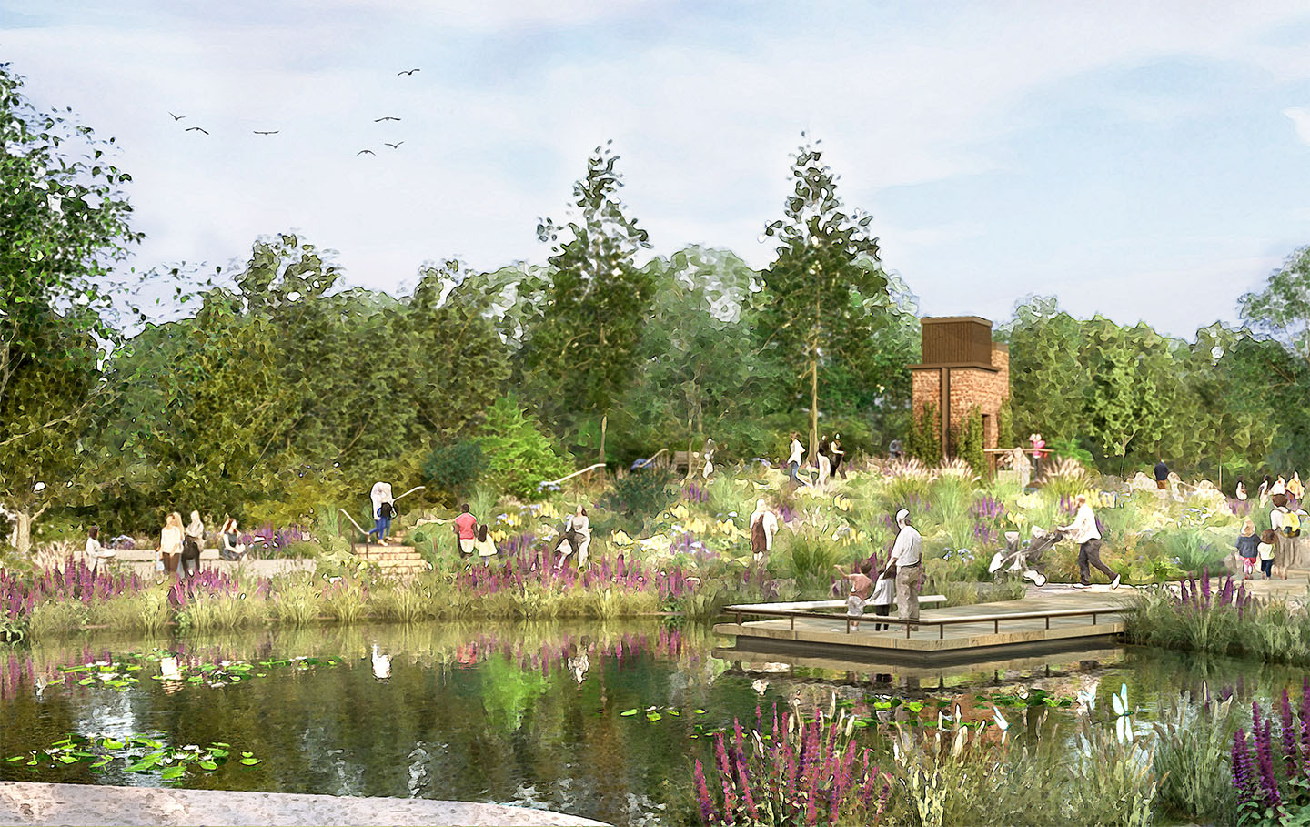 Concept art showing the pond in the new garden 