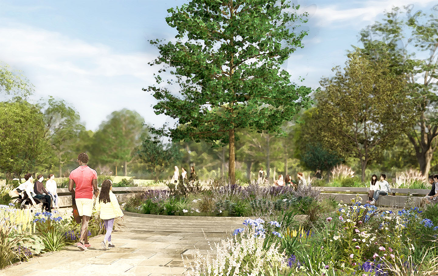 Concept art of a round seating area with a central tree.