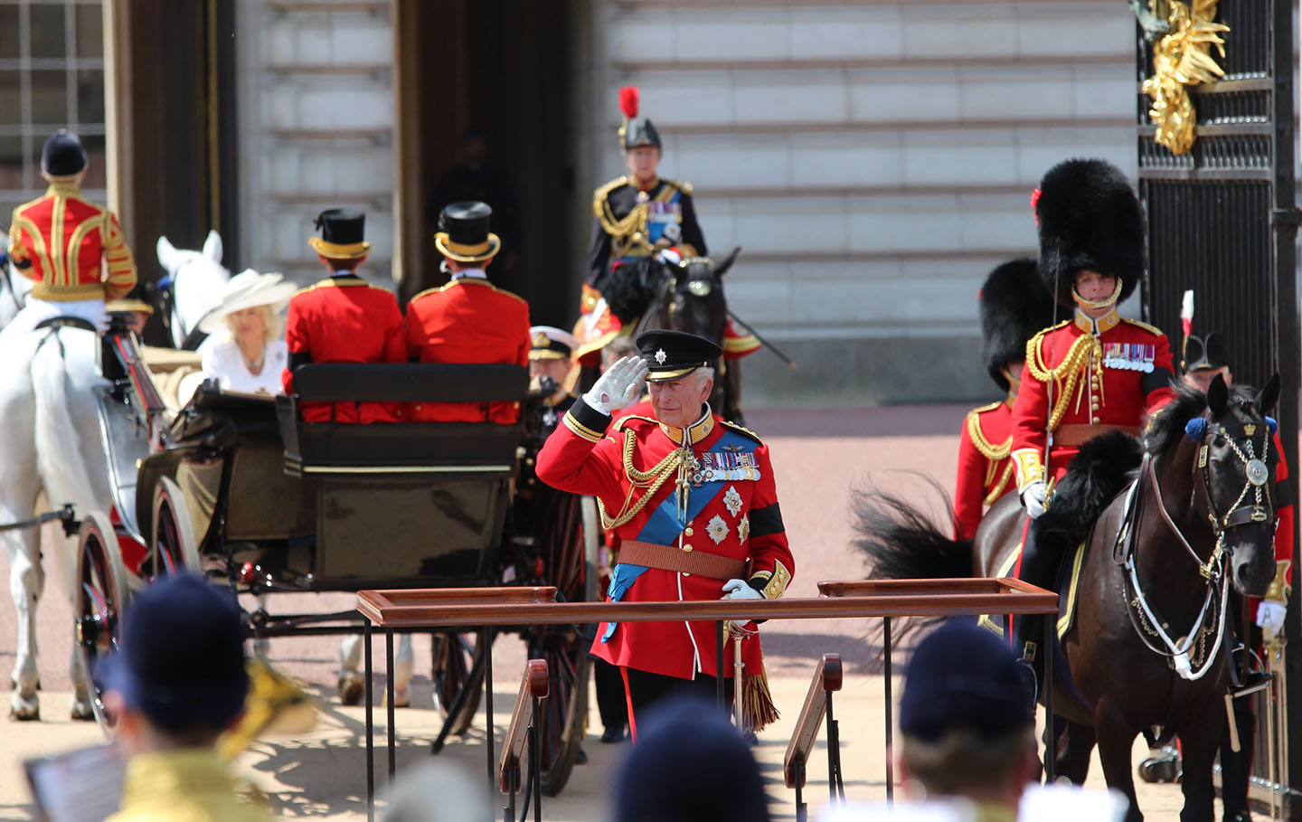 King Charles III saluting during Trooping the Colour