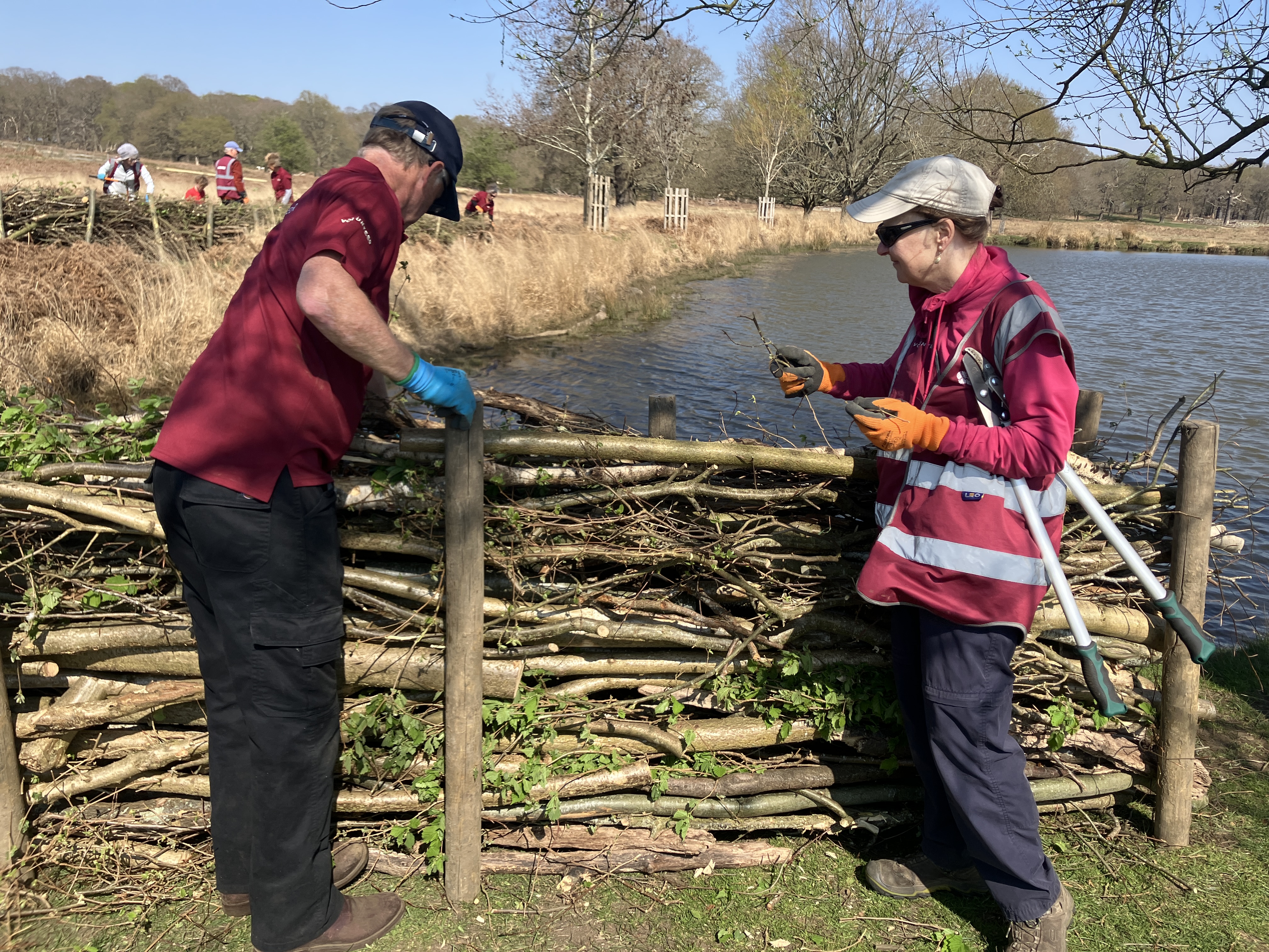 Slow the Flow project volunteers fence building with natural logs
