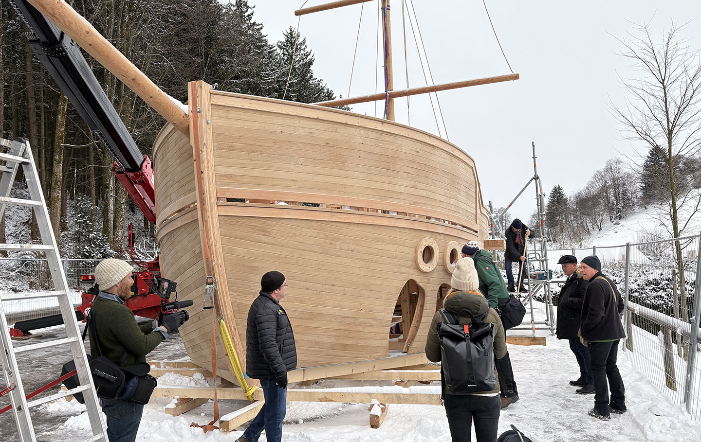 The wooden galleon under construction in the snow