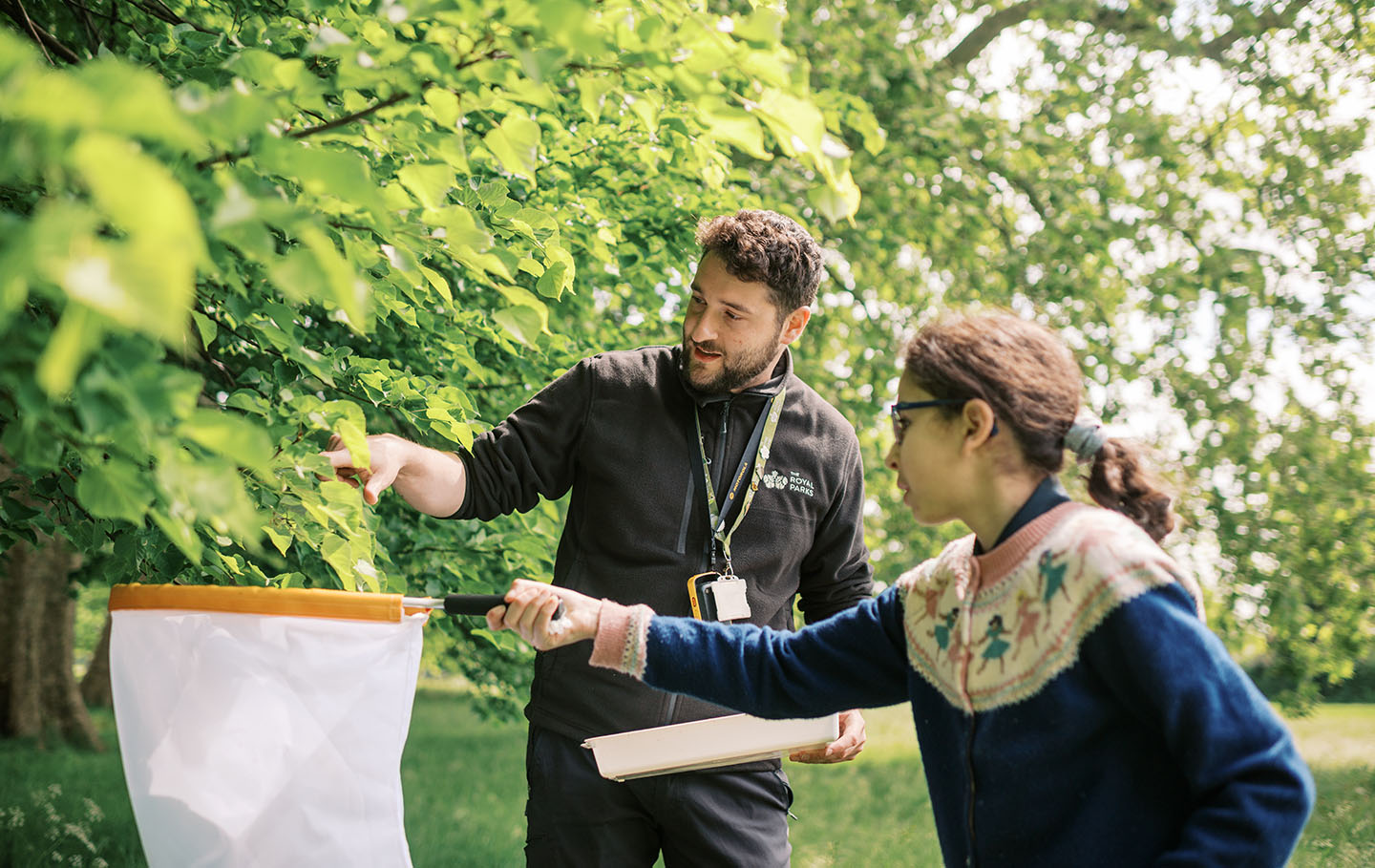 A schoolgirl being taught how to catch insects in a net by a Learning Officer