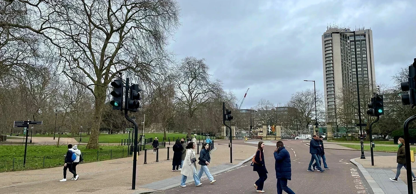 Pedestrians crossing South Carriage Drive