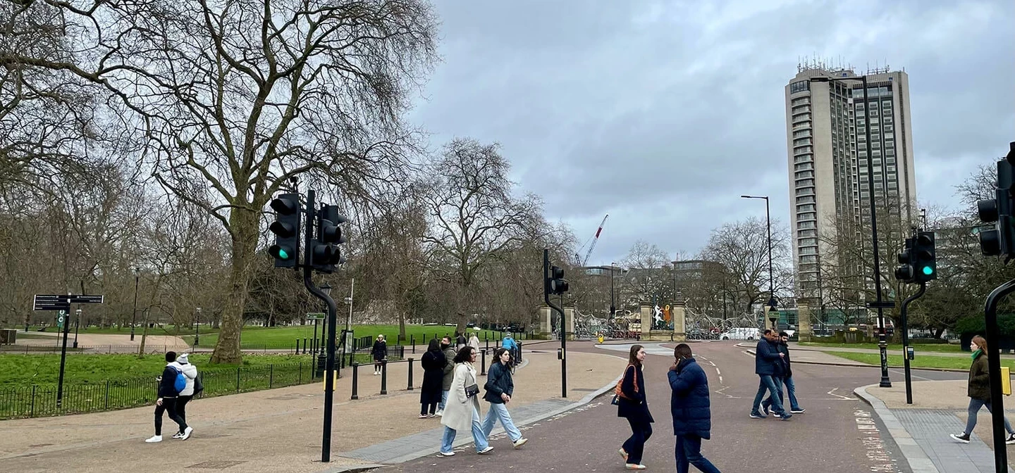 Pedestrians crossing South Carriage Drive