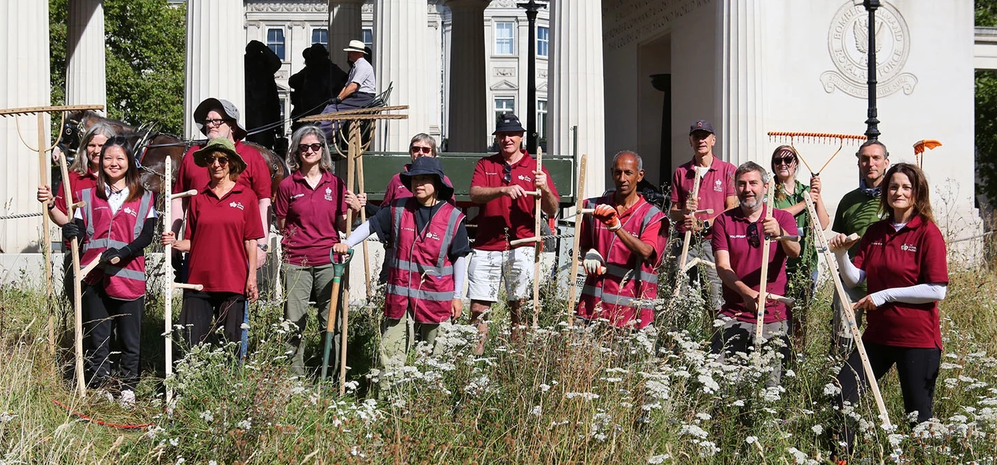volunteers equipped with scythes and shire horses