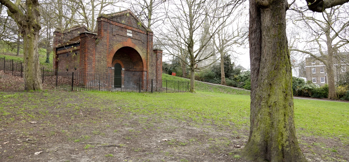The Conduit House in Greenwich Park, located near to Queen Mary's Gate - a red brick chapel-like building