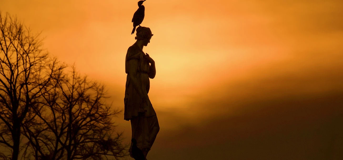 Silhouette of the Diana statue at sunrise