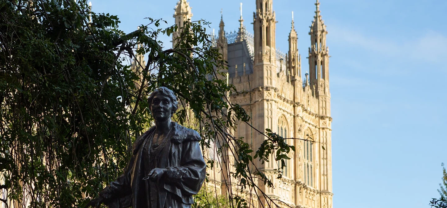 Emmeline Pankhurst memorial in front of the Palace of Westminster