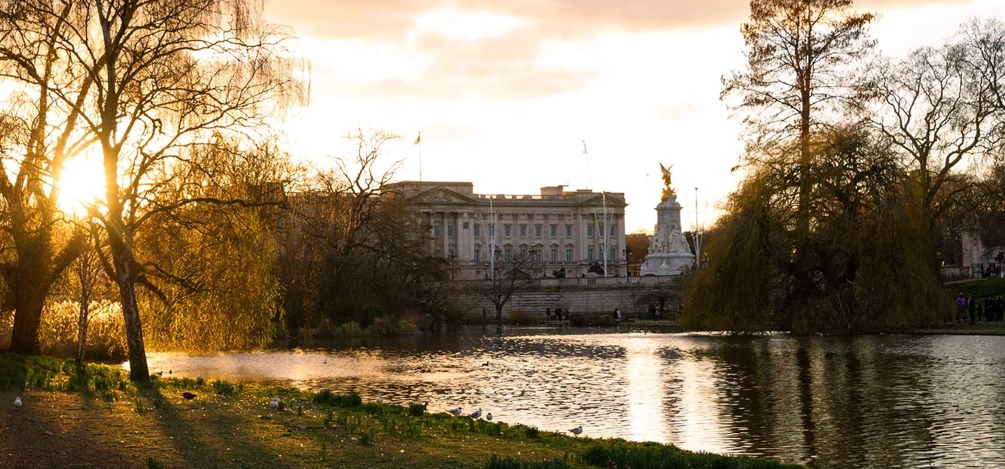 Buckingham Palace viewed from across St. James's Park lake