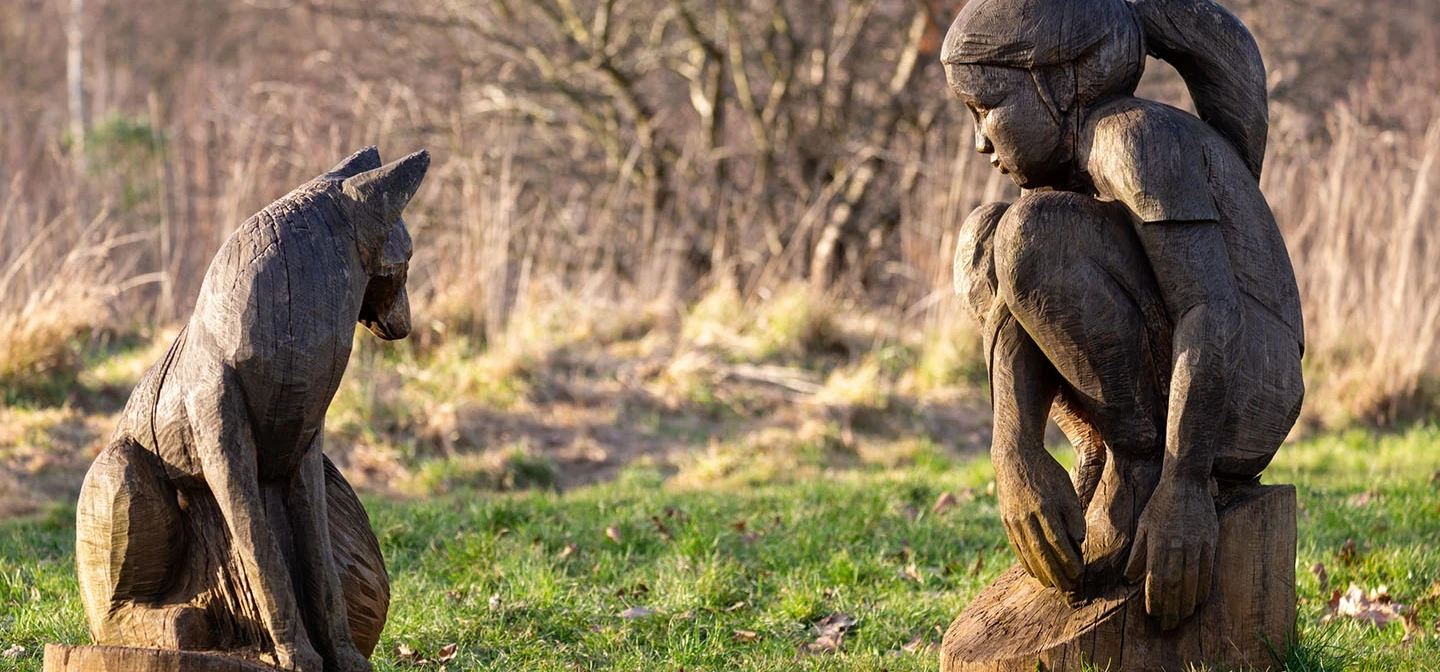 Girl and Fox wood carving by Tom Harvey