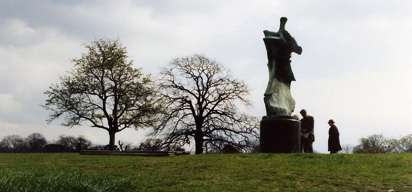 Henry Moore with his 'Knife Edge' sculpture