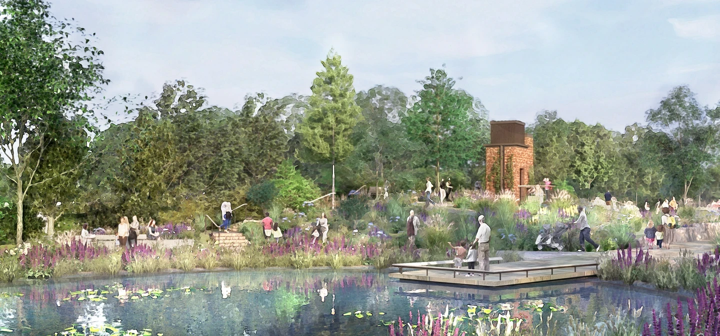An artistic impression of the new garden, featuring round pond with a jetty and a brick tower in the background.