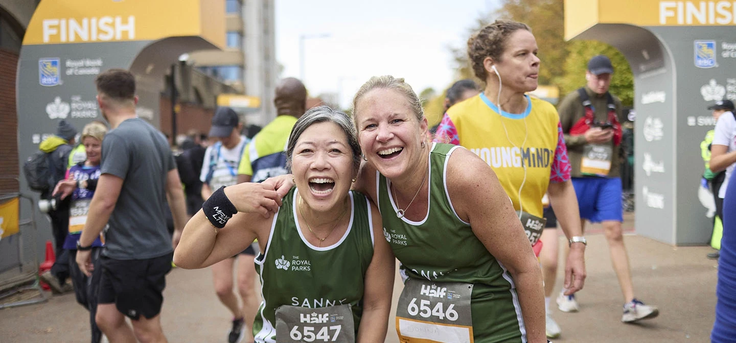 Two women at the finish line of the Royal Parks Half Marathon