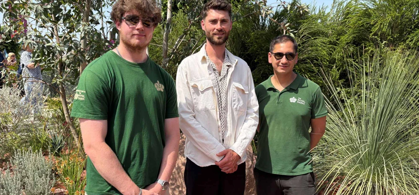 Max Parker-Smith (centre) with Russell Stevens (right) and Royal Parks apprentice (left) at The Journey Beyond the Tracks from Adelaide to Perth at the 2026 RHS Che (002)