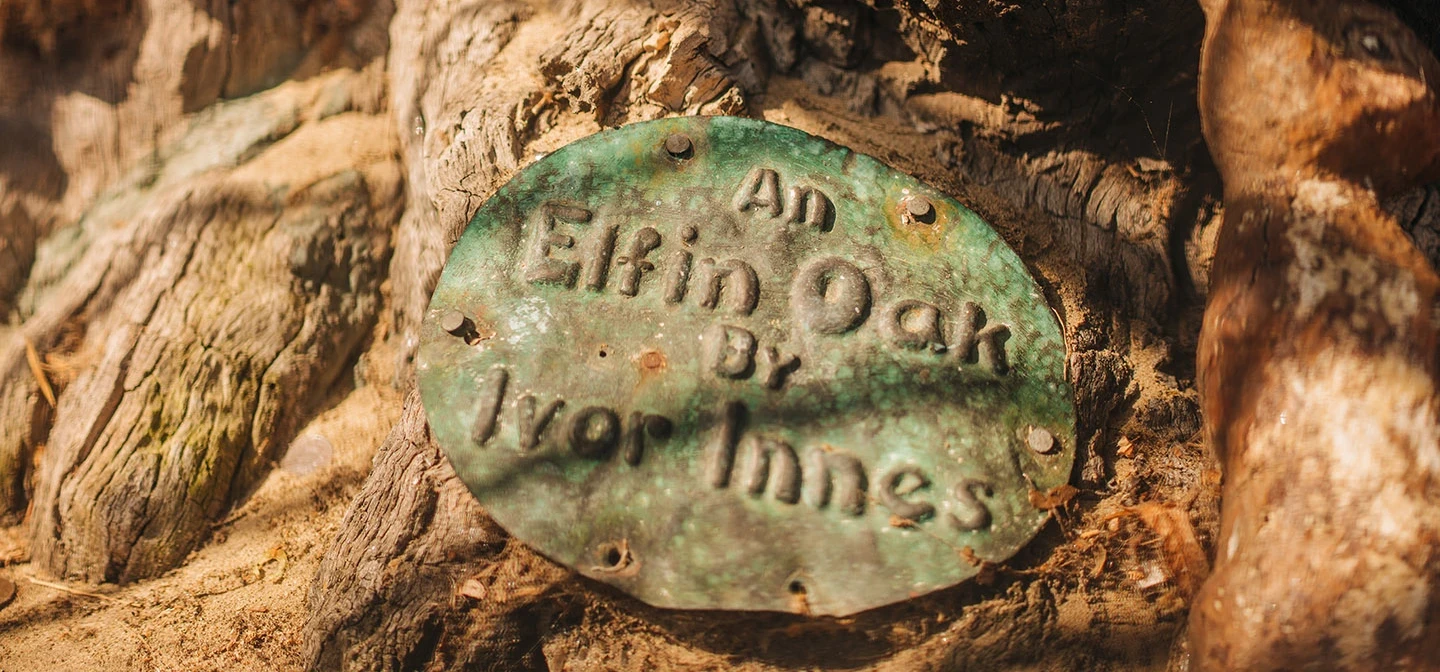 Close up of Elfin Oak artist plaque