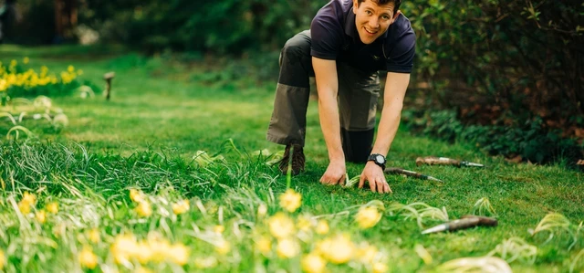 Staff member planting bulbs in the park