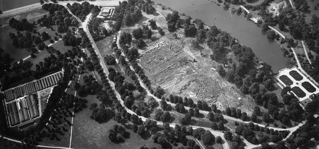 An aerial view of the Camouflage School at Kensington Gardens, taken in 1918