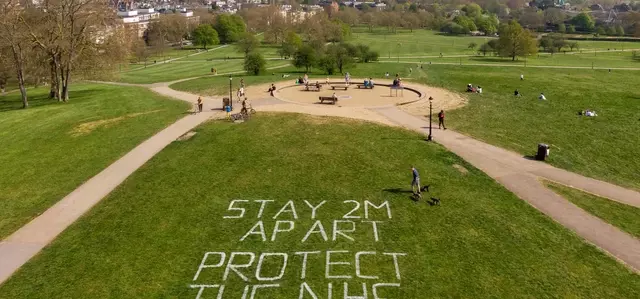 The Royal Parks and Camden Council created a social distancing message to be read from the sky reading 'STAY 2M APART PROTECT THE NHS'
