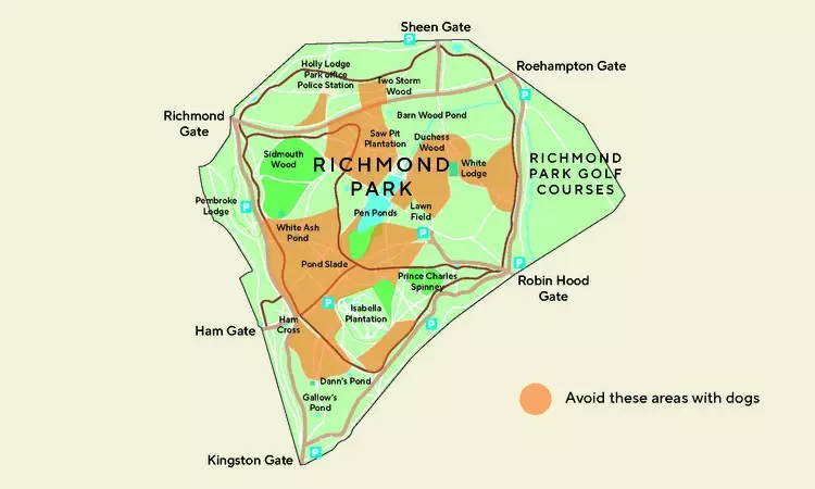 Map of areas to avoid in Richmond Park with a dog during the deer birthing season