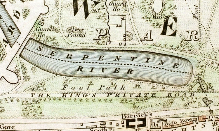 Extract from a Map of Hyde Park from 1833 which shows Rotten Row as 'The King's Private Road'