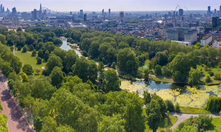 Drone view of St. James's Park and The Green Park
