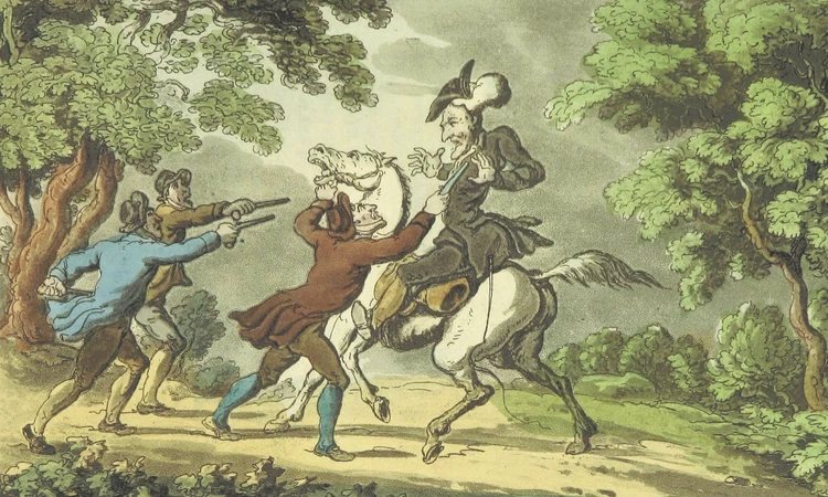 Illustration by Thomas Rowland of highwaymen at work, 1813