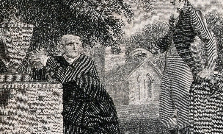 A man praying at a grave beneath a yew tree