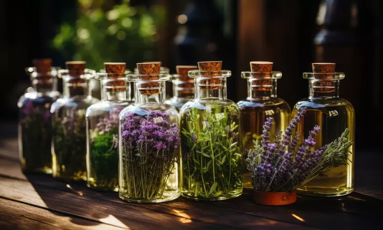 Glass bottles filled with various herbs and flowers