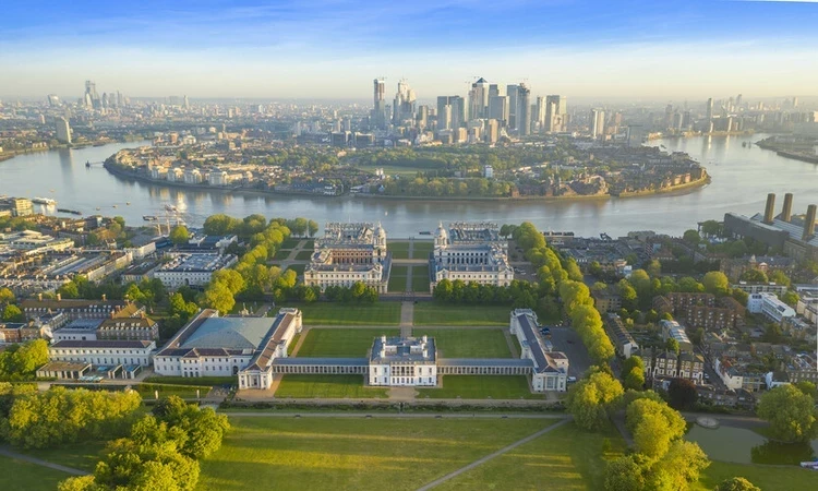 Aerial view of Docklands from above Greenwich Park