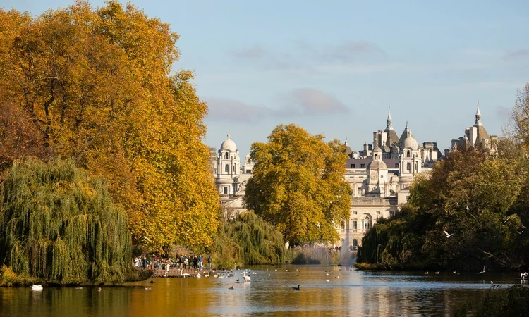 View of autumn trees over the lake towards Horse Guards Parade 