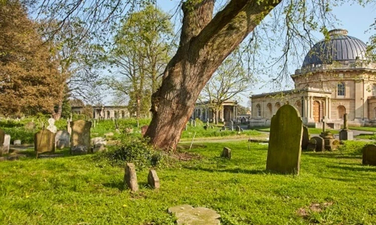Graves under a tree near the cemetery chapel