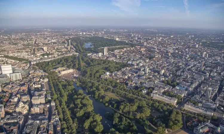 Aerial photo of St. James's Park, The Green Park and Hyde Park