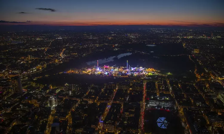 Aerial photo of Hyde Park Winter Wonderland at twilight