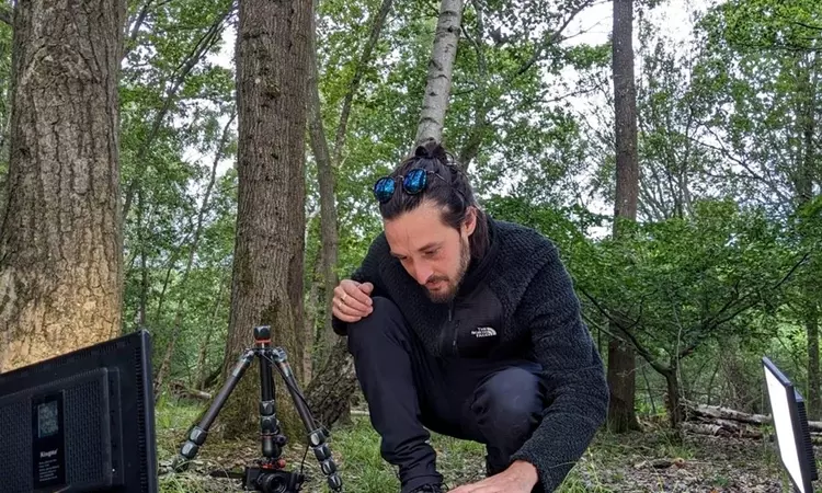 Man in forest taking picture of large mushroom with professional lighting equipment around him