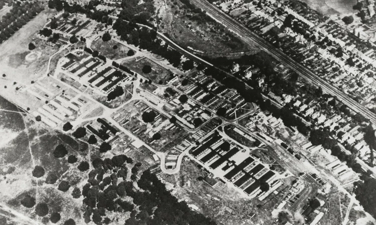 An aerial photograph of Camp Griffiss in Bushy Park during the Second World War