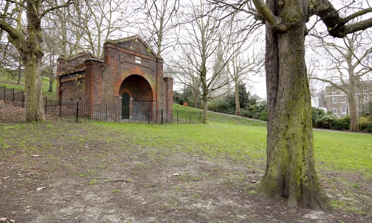The Conduit House in Greenwich Park, located near to Queen Mary's Gate - a red brick chapel-like building