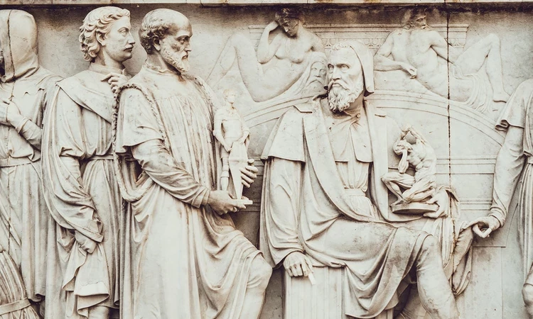 Close-up of stone carvings on the Albert Memorial